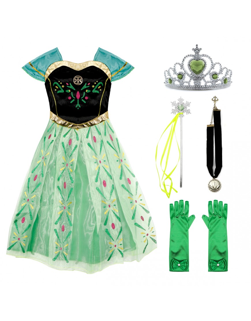 Princess Outfit Girls Dress up Kids Costume Christmas Birthday Party Cosplay Gift with Accessories (Green, 140CM/7-8Y)